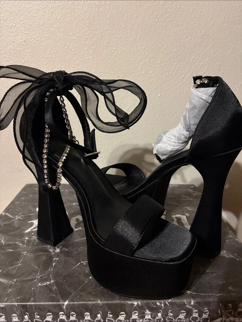 Black Satin Platform Ankle-Tie Heels with Rhinestone Accent - never worn